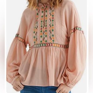 LUCKY BRAND Embroidered Bib Peasant Boho Breezy Lightweight Blouse SMALL Peach